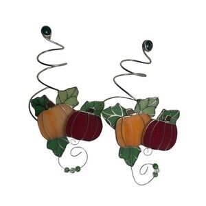 Autumn Pumpkins Stained Glass Sun Catcher Fall Ornament Set x2 Wine Bottle Charm